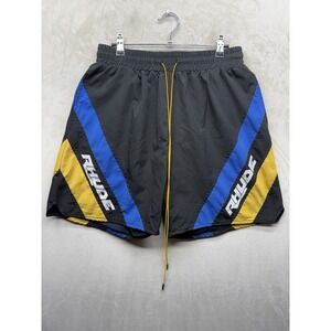 Rhude Hydro Shorts Mens Large Black Blue Yellow Spell Out Logo Swim Trunks Nylon
